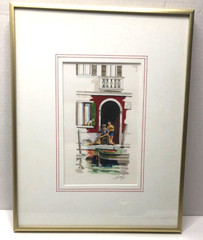 Vintage Original Watercolor Painting Venice Italy Fisherman Mending Net Signed