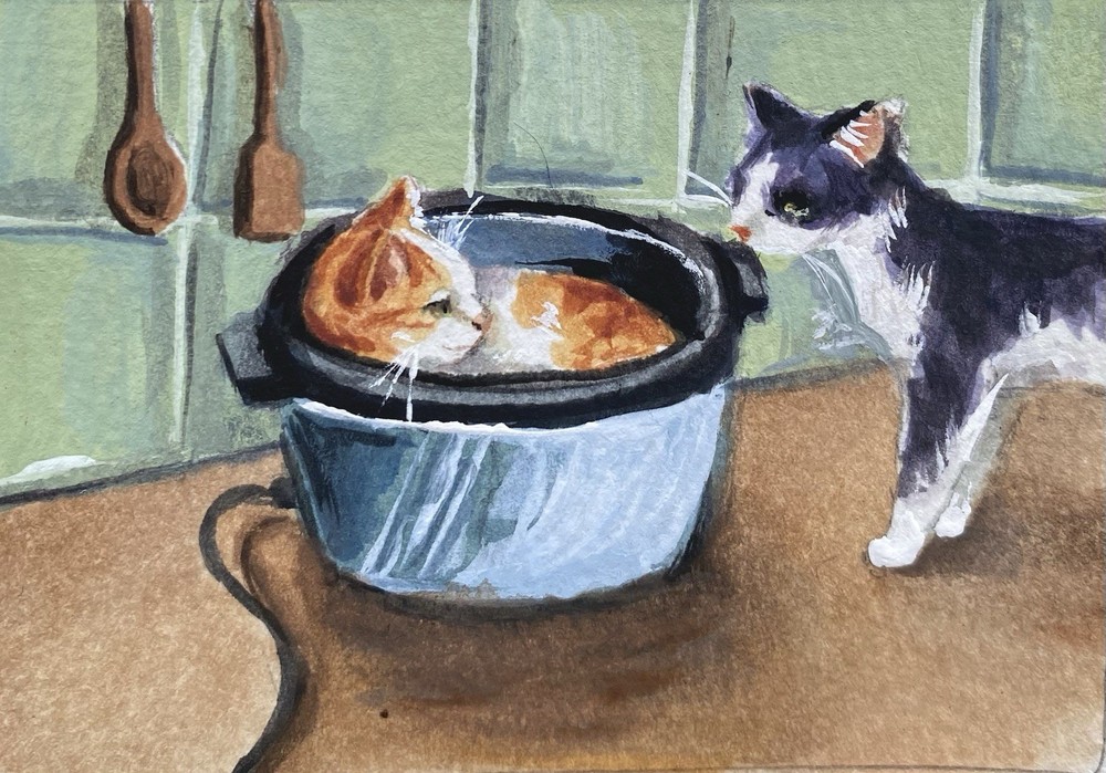 ACEO 100% Hand Painted Original Mixed Media Painting Art Cat