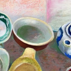 Expressionist Still Life With Dishes Pastel/Acrylic on Rag Paper by Kathie Brown