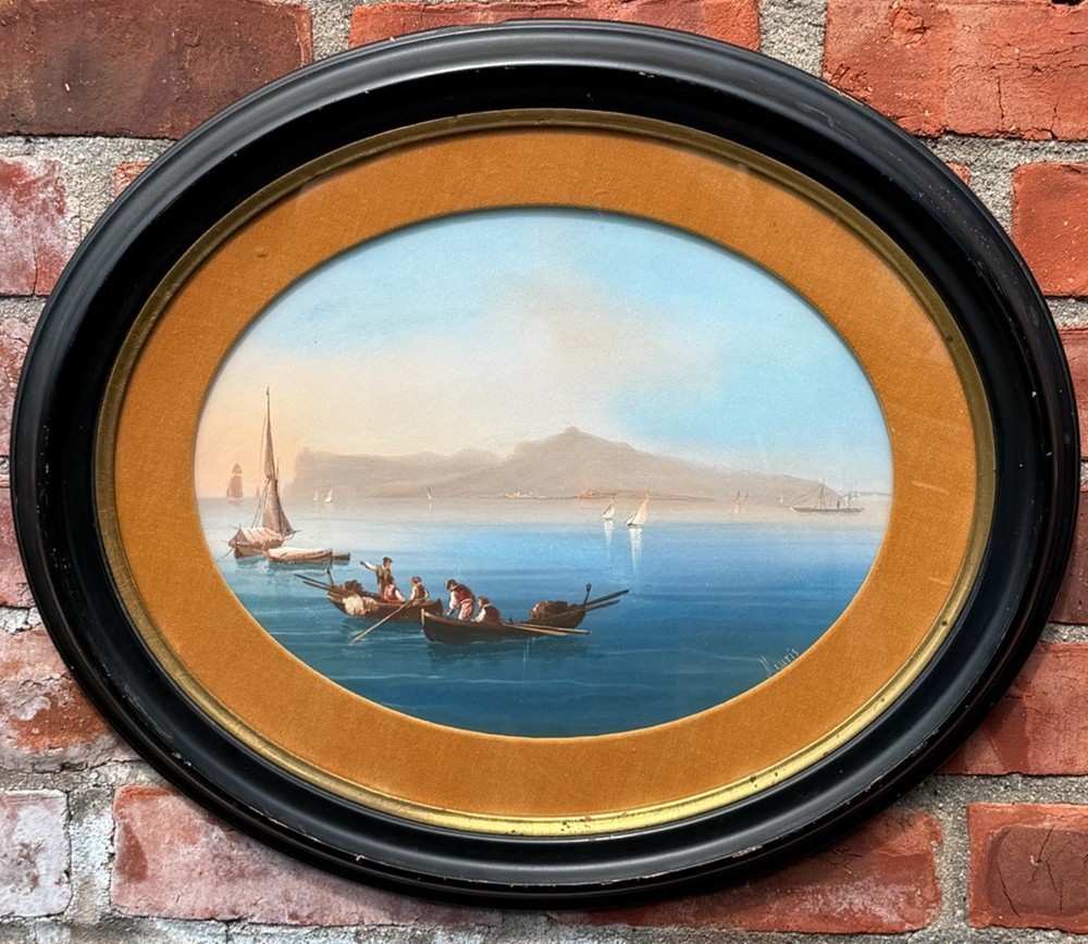 C1900 Italian Neapolitan School Gouache Painting. Mt. Vesuvius. Bay Of Naples