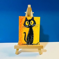 Black Cat ACEO Original Watercolor Painting Halloween Cute Folk Art Mini OOAK