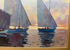 Vintage original Evgeny Expressionism nautical sail boat oil painting on canvas