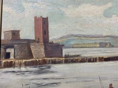 Mid-Century Oil Painting Fisherman Harbor Scandinavian B. Forsberg Artist