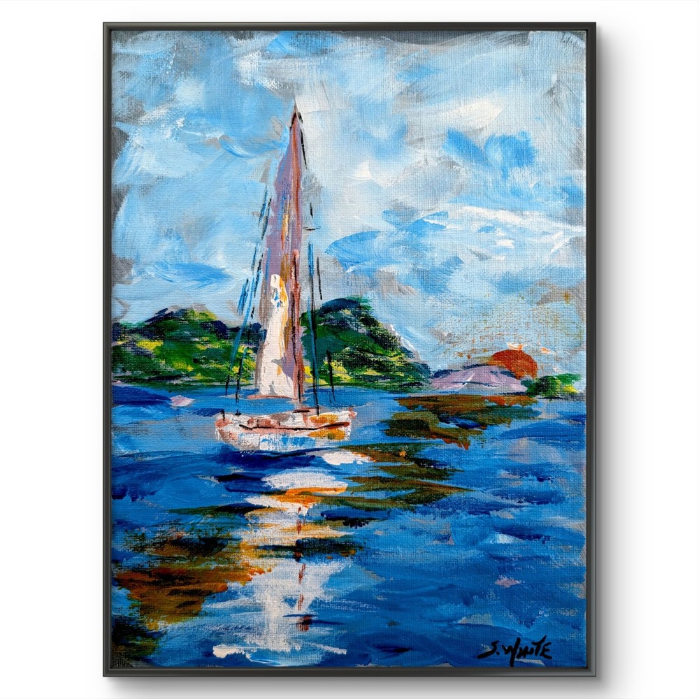 Sailboat Ocean 9×12 Original Painting Canvas Marine Blue White Coast Wave SWhite