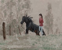 Oil Painting Horse and Woman in Rain Storm Landscape Animal Art by A. Joli