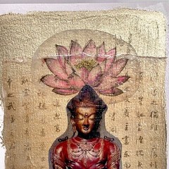 Lotus Pose Original Asian Buddha Lotus Image Transfer Collage Painting 11x14in