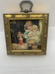 Vintage 3×3 Miniature Art 4 Sister Kids By A Birthday Cake BQ