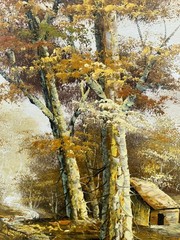 Vintage Mountain Landscape Forest Oil Painting Art Home Trees Stream Forest Path