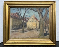 Einar Olsen Impressionist Oil Painting, Framed 1930 Street Scene Old Town