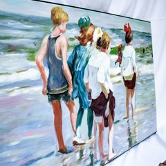 Children Scroll Down to the California Beach Scene Oil Painting 36″W x 24″L