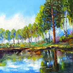 Landscape Original Oil Painting Birch Trees Artwork on Canvas 30x30cm
