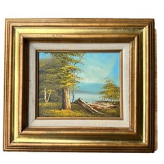 VTG Original Oil Painting 15×17 Inch Landscape Tree Forest Mountain River Signed