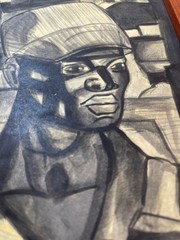 JAMES LESESNE WELLS DRAWING ON ANTIQUE PAPER, FRAMED ON WOOD, SIGNED AND SEALED