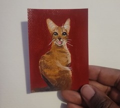 ACEO Original Abstract Animal Brown Tabby Cat Mini Art Painting Pet Animals