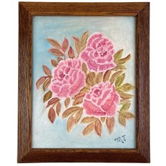 Vintage Original Oil Painting Pink Peonies Roses Framed Floral Signed 16″ x 14″
