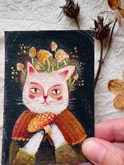 Original ACEO Set 3 in 1 Cat Mushrooms Medieval Style Folk Art OOAK Signed