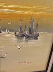 Pabolo Stirrat Vintage Sailboats in Harbor Oil Painting Original