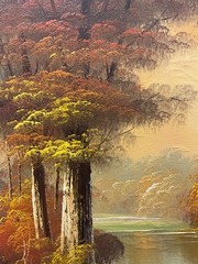 Oil Painting 16×20” Autumn forest landscape, stand still lake, warm tones