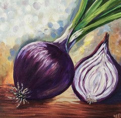Original Oil Painting Red Onion Art on Canvas Board 25x25cm Still Life Artwork