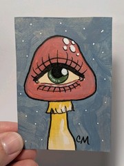 ACEO Original Whimsical Eye Mushroom Acrylic Painting Hand Painted Art Card