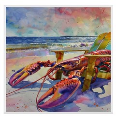 Watercolor Painting of a Lobster Relaxing in a Beach Chair by the Ocean Shore