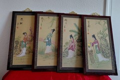 Antique Japanese Young Womens Tetrology Silk Painting Signed Caligraphy Framed