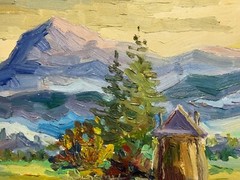Oil painting Carpathian village Ukrainian painter Cardboard original landscape