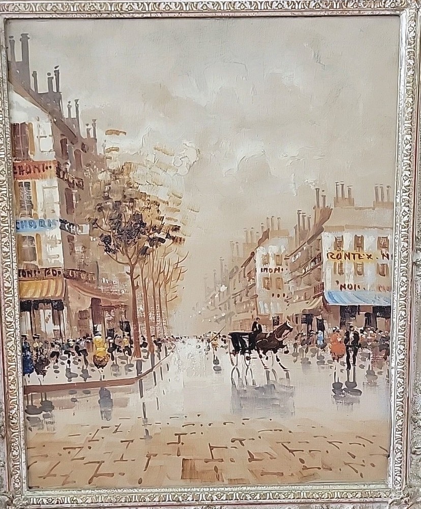 Mid-20thc Modern Oil on Canvas Painting Depicting a Parisian Street Scene Framed