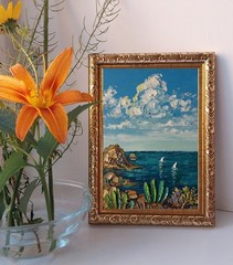 Framed Cacti Seashore Mexican Seascape Sailboats Art 4×6” Oil Painting Original