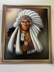 Z. Garcia Original Oil Portrait – Native American Chief w Ceremonial Headdress