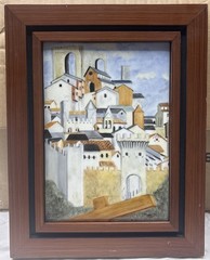 Vintage Signed Mexican Ceramic Tile Mediterranean Village Framed Wall Art
