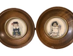 Marianna Marian Foster Curtis Mini Paintings Girl Boy Framed Art Round Wood 5”