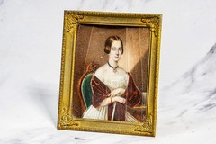 Refined Antique 19th Century Metal Framed Portrait Miniature Painting Woman