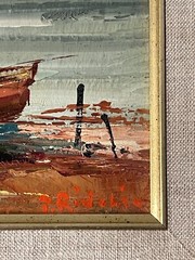 COOL ANTIQUE MID CENTURY MODERN BOAT LANDSCAPE OIL PAINTING OLD VINTAGE SEASCAPE