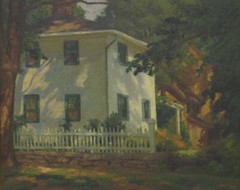 Framed painting of a house in dappled shade by John Hanny