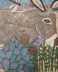 Large Folk Art Donkey Desert Cactus Flower Bird Scene Primitive OOAK