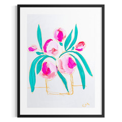 Original Botanical 5×7 Painting Acrylic Flowers Teal White Pink Wall Art