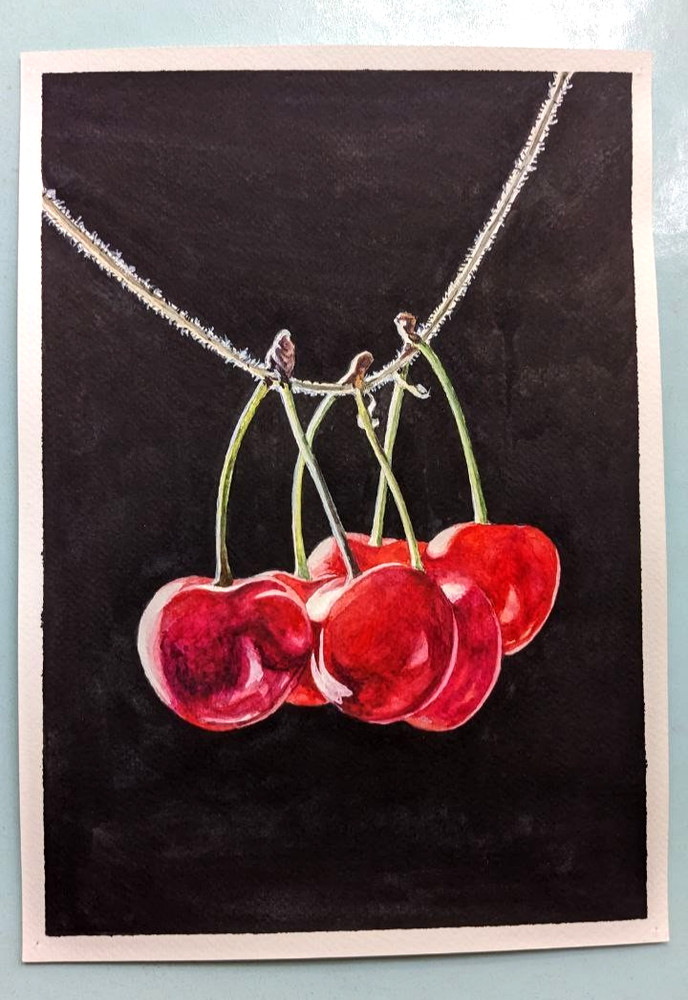 Cherry Red Berries Watercolor Symbolic Nature Painting Fruit Kitchen Art