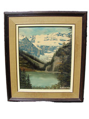 VTG Oil PAINTING Framed ART Trees LAKE Mountains Signed J. STANGE 10″ X 12″