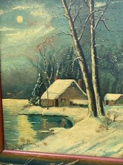 Antique Oil painting Board Winterscape Night Lake 19×22” Homestead Emma Kinsey