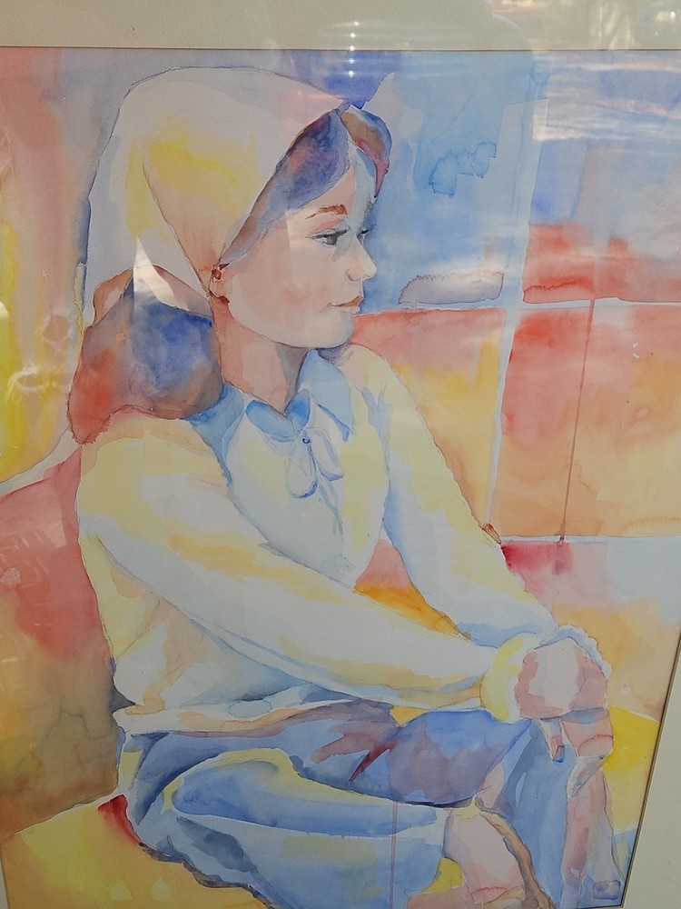 Watercolor Portrait Of A Lady 1970s Original Pastels Signed Outsider Art 36×28