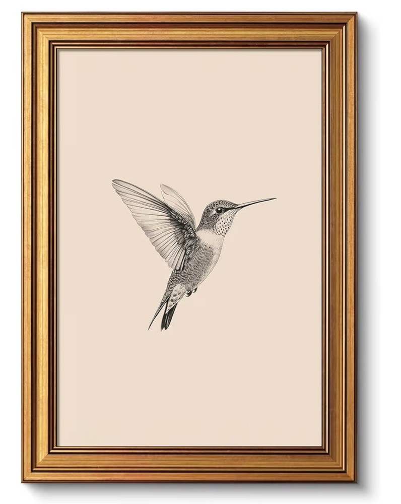 Vintage Gold Framed Hummingbird Wall Art – 12×16 Bird Sketch Canvas Print