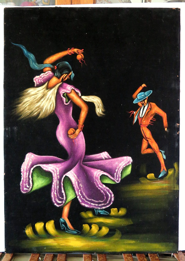 Vintage Black Velvet Painting Flamenco Dancers Large 35X25 Unframed