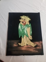 Vintage Black Velvet Hand Painted Picture Of Barney Rubble