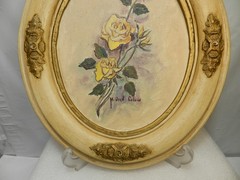 Vintage Mildred Colvin Yellow Rose Floral Painting on Canvas Oval Frame (O33S)