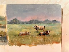 Cows oil painting signed small Victorian summer art rural landscape wall decor