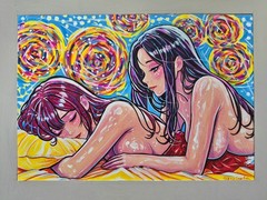 Original Mixed Media Painting A4 Women Love Fantasy Female Figures Handmade Art