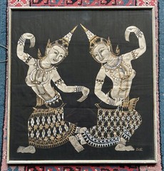 OLD INDIAN PAINTING ON FABRIC DANCING WOMEN INDIAN HALF ACT GOUACHE