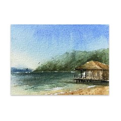 ACEO Original Watercolor Painting Seascape Lake Beach Cabin Coast OOAK Art