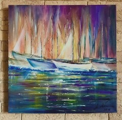 original abstract oil painting on canvas Ship marina boats sailboats sunset glft